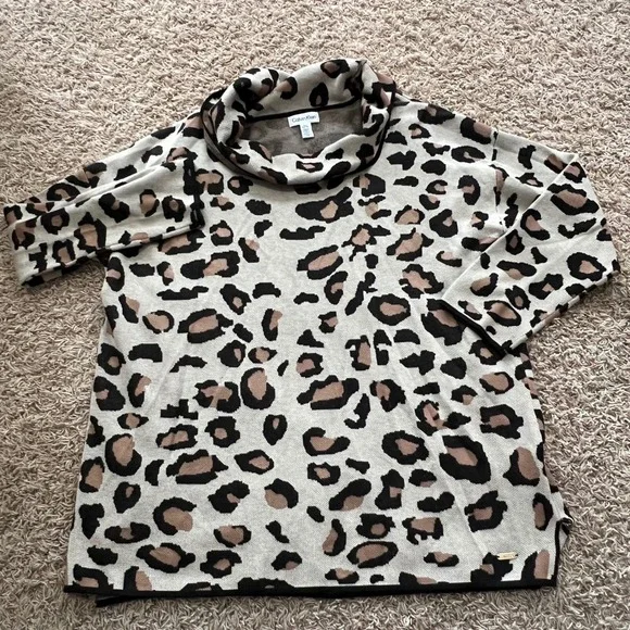Calvin Klein Leopard Print Cowl Neck Sweater Women XL Beige Black Brown - Picture 2 of 5